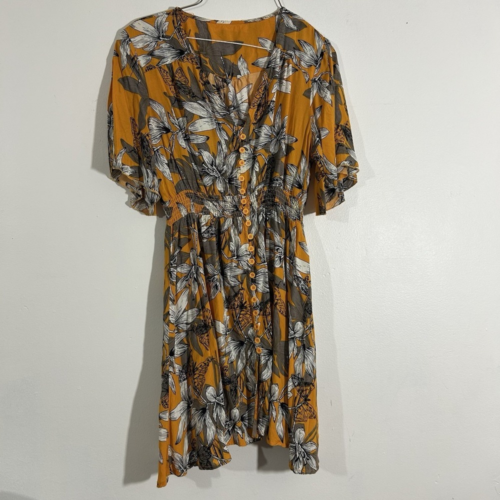 Womens Yellow Floral Short Dress Button Up V Neck Size Medium Short‎ Sleeve